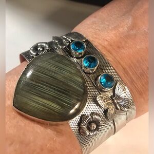 Labradorite Blue Topaz Stamped 925 Sterling Silver Cuff Bracelet